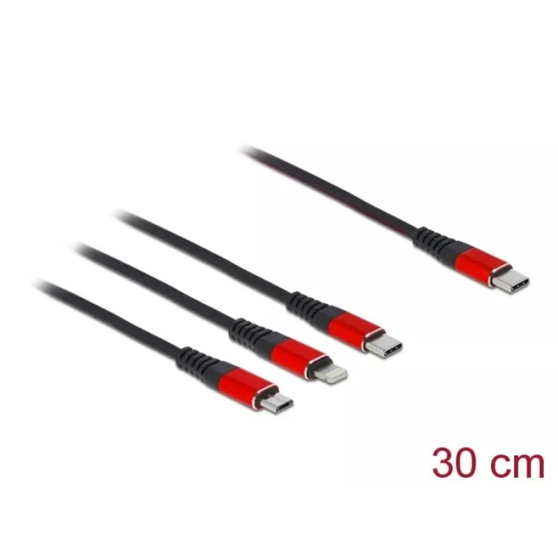Cabo de carregamento USB DeLOCK 86710 3 em 1 USB Type-C para Lightning Micro USB 30 cm preto vermelho