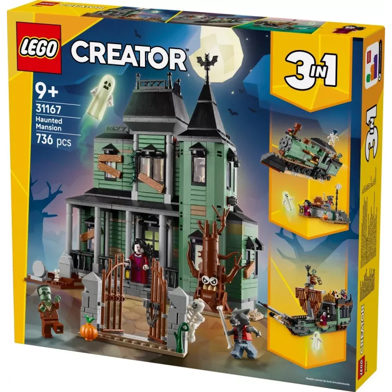 Brinquedo de construção LEGO Creator 3-in-1 modelo Casa Assombrada 31167 – 736 peças, 3 modelos, 5 minifiguras