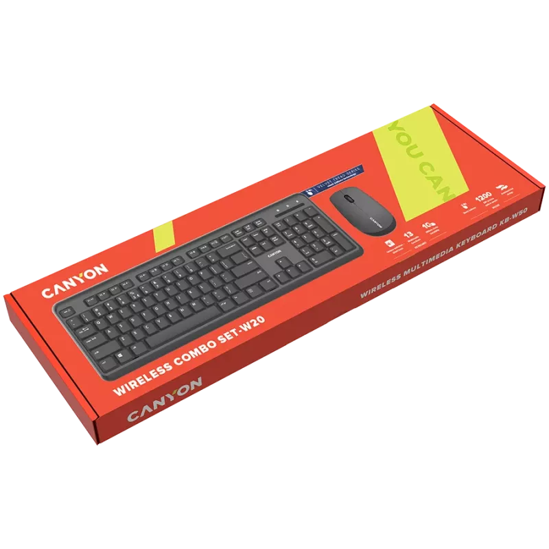 Conjunto de teclado e rato sem fios CANYON CNS-HSETW02-UK/US preto Velvet — conjunto combinado sem fios compacto com recetor USB