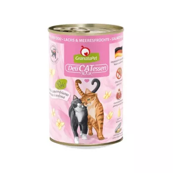 Comida húmida para gatos Fox4Pets GranataPet DeliCATessen Salmão & Frutos do mar 400 g – sem cereais, alimento completo para gatos adultos