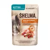 Alimento húmido para gatos SHELMA Kitten salmão e peru em molho 4×85 g saquetas, sem cereais, alimento completo