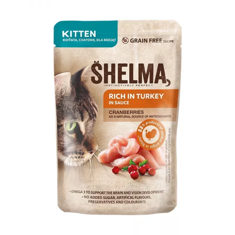 Alimento húmido para gatos SHELMA Kitten salmão e peru em molho 4×85 g saquetas, sem cereais, alimento completo
