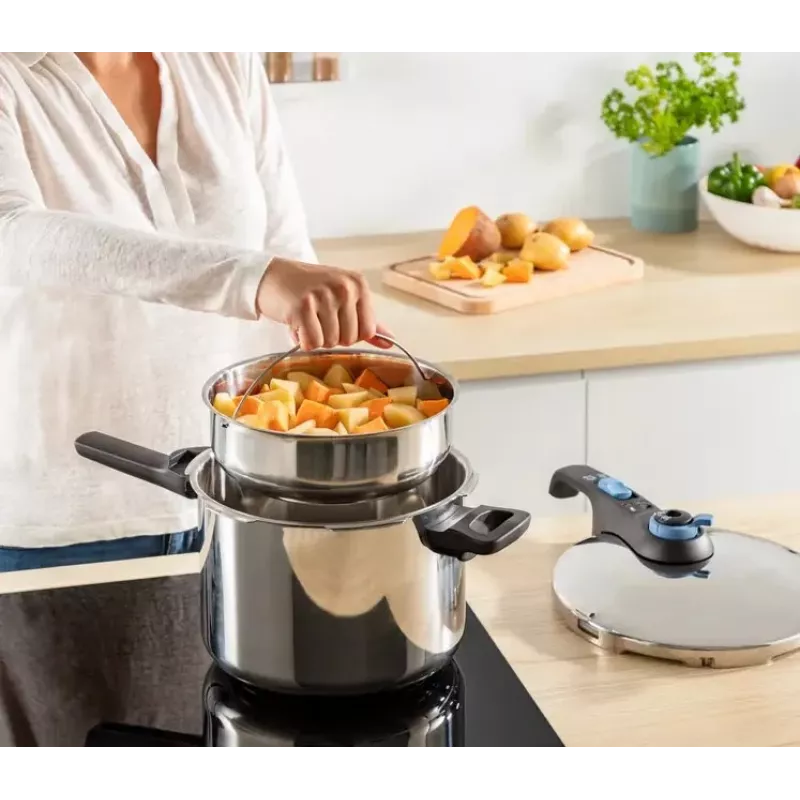 Panela de pressão Tefal SECURE TRENDY 6L com cesto de vapor em aço inoxidável, adequada para indução
