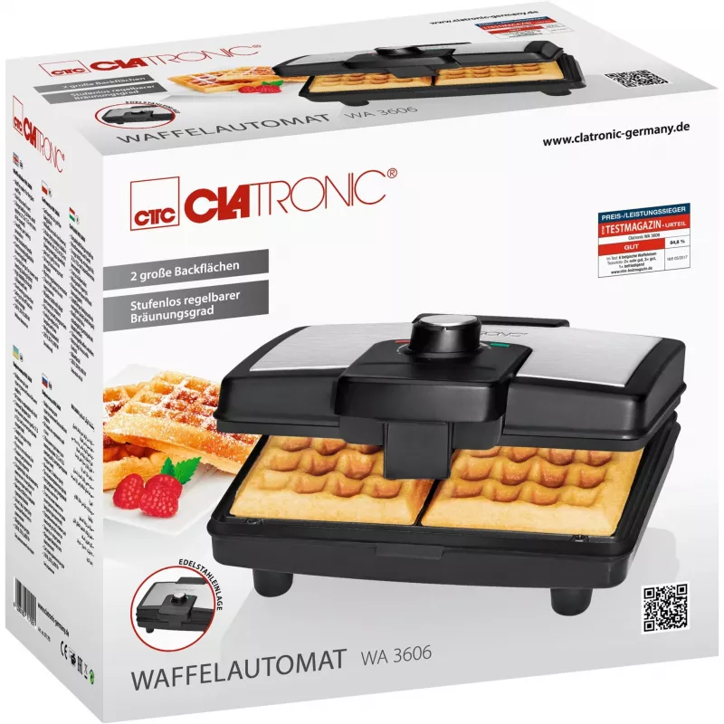 Máquina de waffles Clatronic WA 3606 para 2 waffles preto, aço inoxidável 800 W