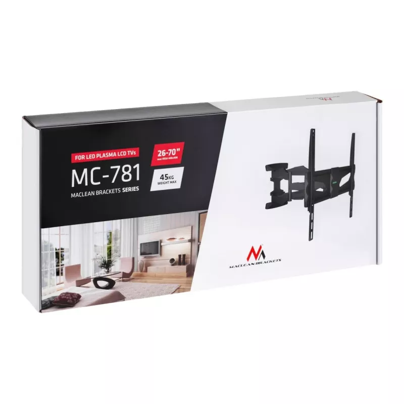 Suporte de TV de parede MACLEAN MC-781 para ecrãs de 66–177,8 cm (26–70 polegadas), inclinável -12–2°, VESA 100x100–400x400, carga máx. 45 kg, preto