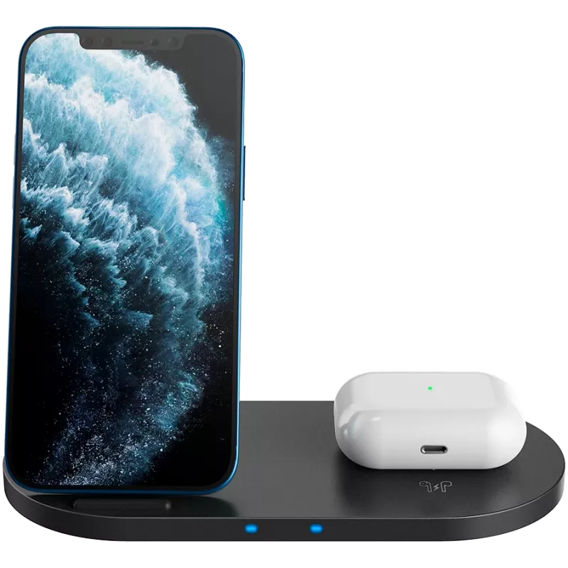 Carregador Docking Station sem fios 2em1 QI 10W/USB-C/LED preto