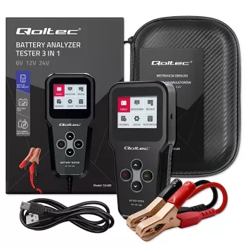 Qoltec 52489 Analisador e testador digital de baterias 3-em-1 com LCD e multilingue 6V | 12V | 24V | 30Ah-200Ah