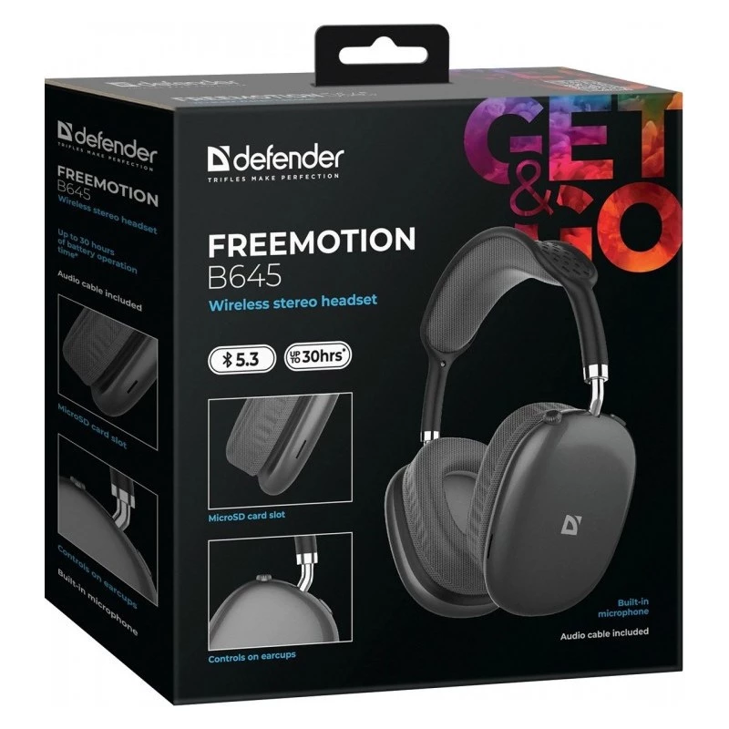 Defender FreeMotion B645 auscultadores Bluetooth on-ear, Bluetooth 5.3, USB-C, jack de 3,5 mm, microfone integrado, 20–20000 Hz, 105 dB, pretos