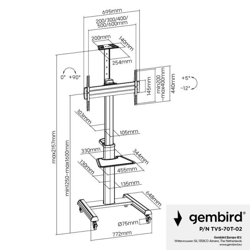Suporte de TV de chão Gembird TVS-70T-02 para ecrãs de 37
