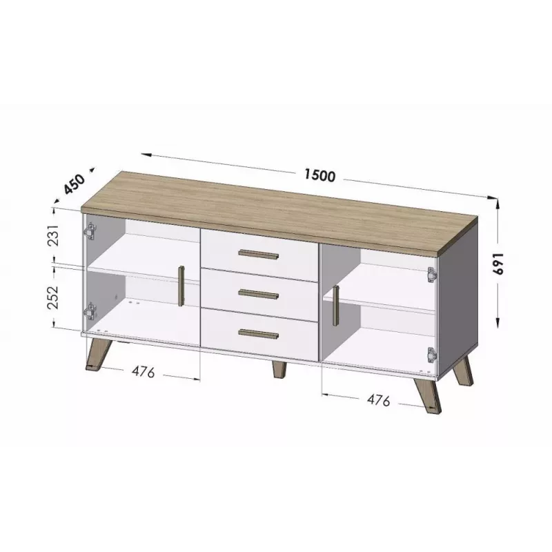 Aparador cama sideboard LOTTA 150 2D3S carvalho wotan + preto mate