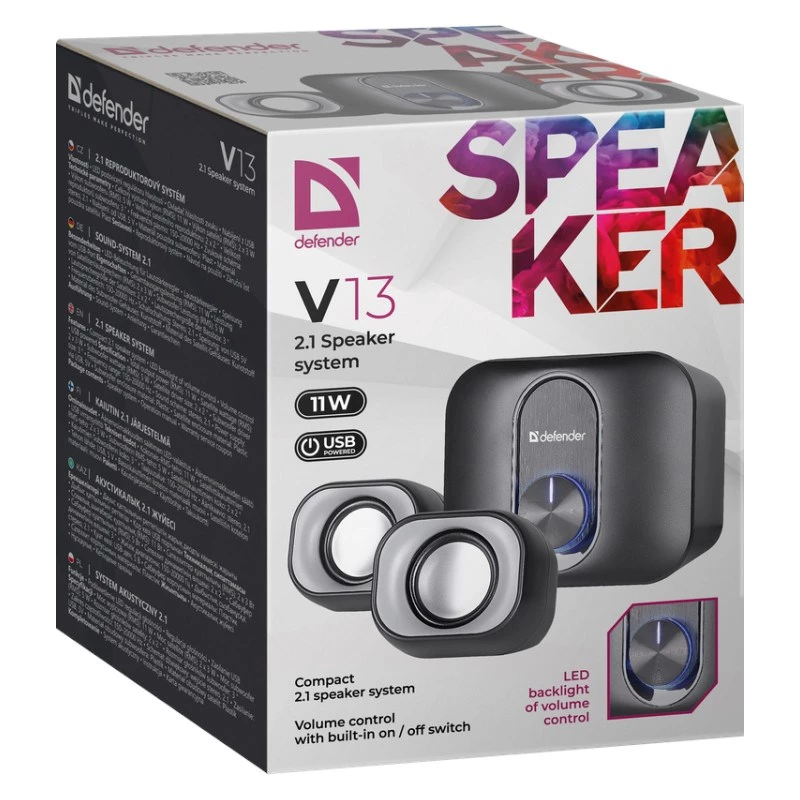 Altifalantes de secretária 2.1 DEFENDER V13 — 11 W RMS (6 W satélites, 5 W subwoofer), alimentação USB, entrada de 3,5 mm, preto