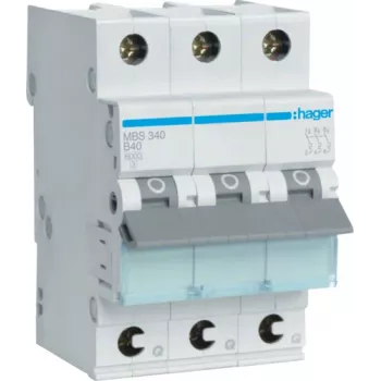 Hager MBS340. Corrente nominal: 40 A. Tipo: característica B, número de módulos (máx.): 3 módulos. Largura: 52,5 mm, Profundidade: 70 mm, Altura: 83,4 mm (MBS340)