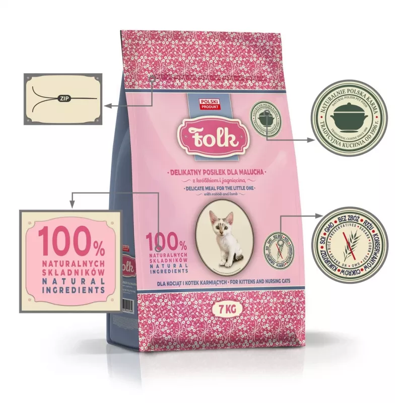 FOLK refeição suave para gatinhos com coelho e borrego - comida seca para gatos - 7kg