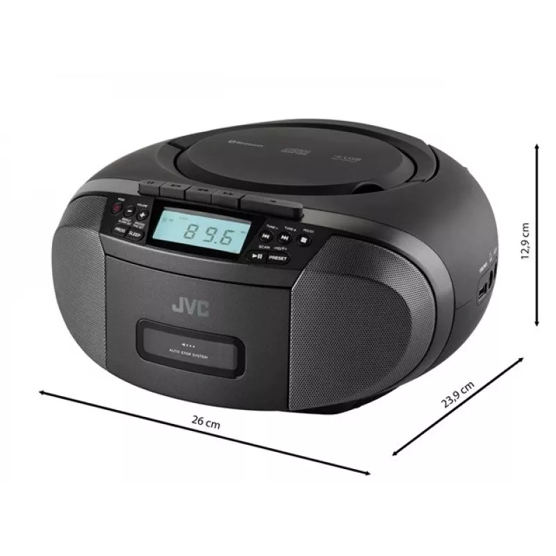 Leitor de rádio JVC RC-E444B preto com leitor de CD e sintonizador FM