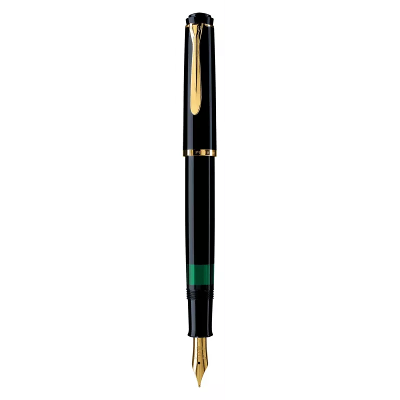 Pelikan M200, preto, dourado, sistema de enchimento integrado, resina, dourado, aparo itálico, dourado, aço inoxidável