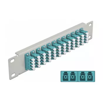 Patch panel de fibra ótica DeLOCK 10 polegadas 12 portas LC quad aqua 1U cinzento