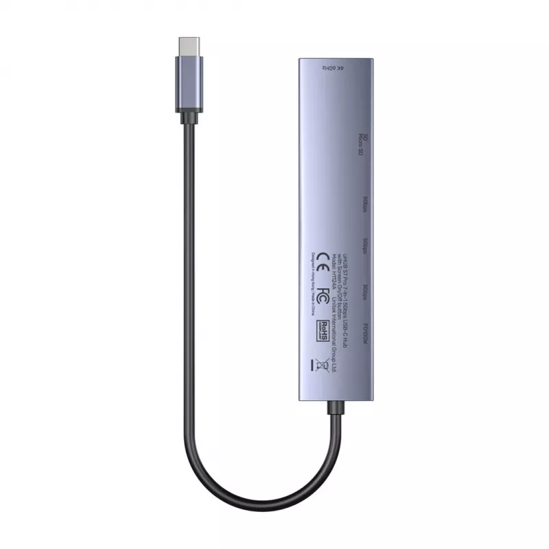 Hub USB-C Unitek H1124AGY01 com 100W PD, HDMI 2.0, 2x USB‑A, 2x USB‑C, leitor de cartões SD/microSD — alumínio