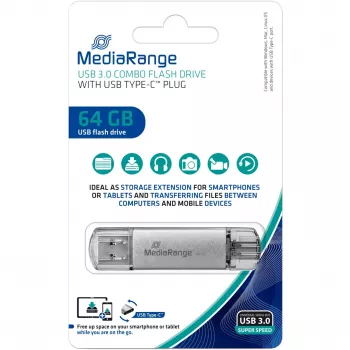 Pen drive combo 64 GB, unidade flash USB prateado/transparente, USB-A 3.2 Gen 1, USB-C 3.2 Gen 1
