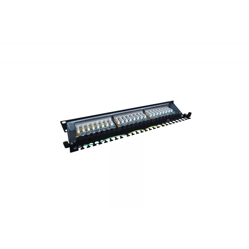 Patch panel 19 polegadas 24 portas, CAT6, S/FTP, 1U, gestão de cabos, preto (completo)
