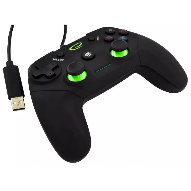 Esperanza EGG110K Vanquisher comando USB com fio para PC/PS3, com vibração, 12 botões, 2 manípulos analógicos, preto/verde