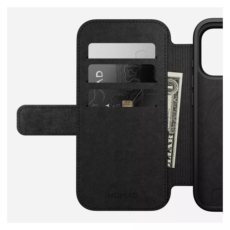 Capa de pele tipo carteira para telemóvel Nomad Modern Leather Folio para iPhone 17 Pro – castanha, compatível com 6,3 polegadas (16 cm), 4 compartimentos para cartões