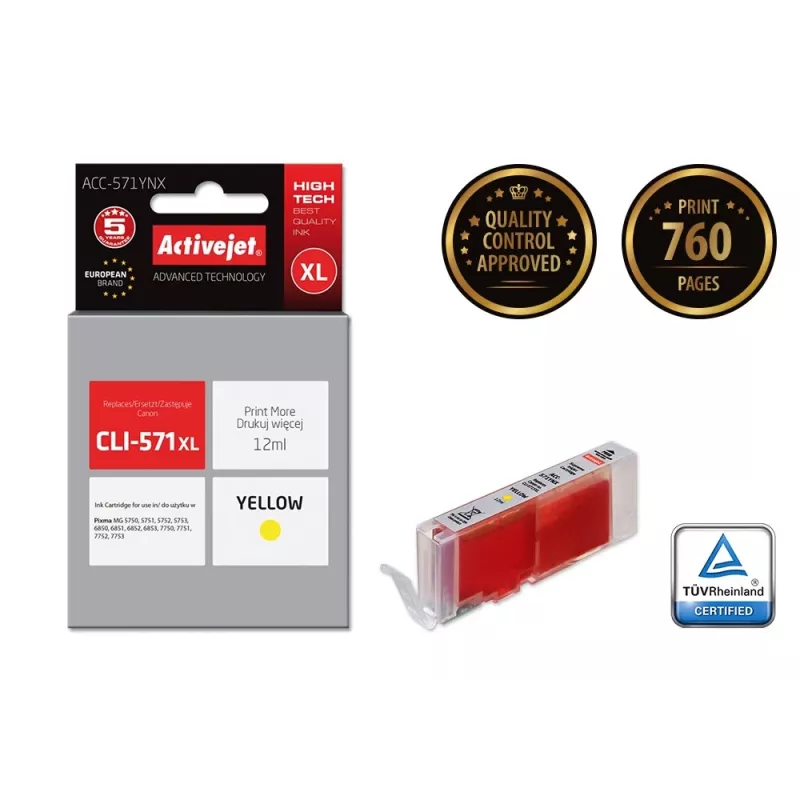 Tinteiro Activejet ACC-571YNX (substituto para Canon CLI-571XLY; Supreme; 12 ml; amarelo)
