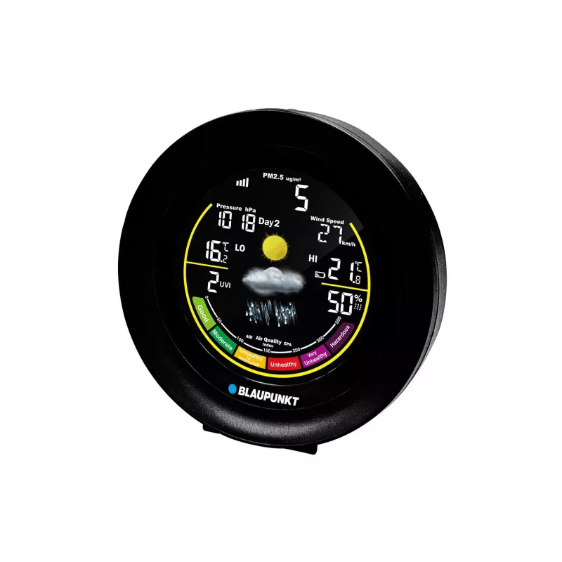 Estação meteorológica BLAUPUNKT WS35BK APP – ecrã LCD, temperatura e humidade, alarme, calendário, conectividade por app, 94×94×27 mm