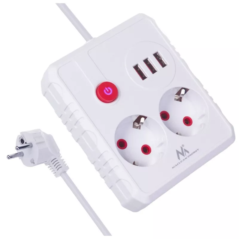Extensão elétrica MACLEAN MCE387 W — 2 tomadas, 3×USB A, 110–240 V, 2500 W, cabo de 1,5 m, branco