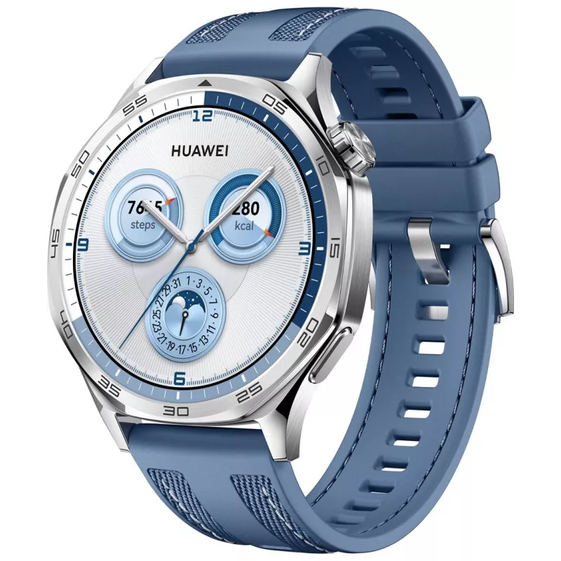 Smartwatch HUAWEI WATCH GT5 46mm – 1,43 polegadas AMOLED, GPS, 524 mAh, caixa em aço inoxidável, bracelete de tecido azul