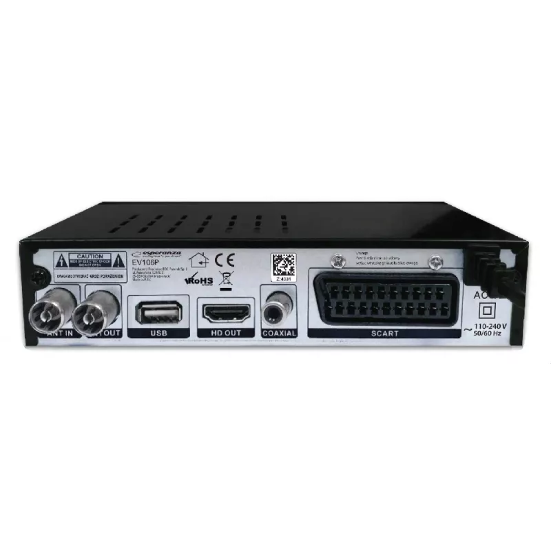 Set-Top-Box ESPERANZA EV106R Sintonizador de cabo DVB-T2 / DVB-C HEVC H.265, HDMI, USB, PVR, Dolby Digital, 174–790 MHz, preto