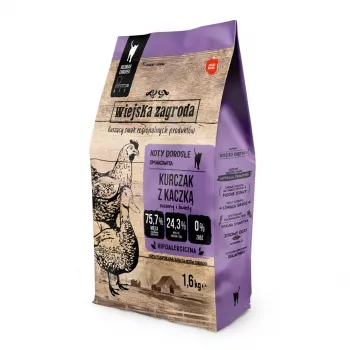 Comida seca para gatos wiejskazagroda WZ-KOT-02-16KG frango pato 1,6 kg, adulto, proteína 44 %, gordura 17 %, sem cereais