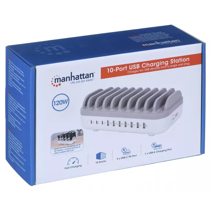 Estação de carregamento Manhattan, 10x portas: 3x USB-C (até 18W PD) e 7x USB-A (até 12W), 120W de saída total, branco/cinzento, garantia de três anos
