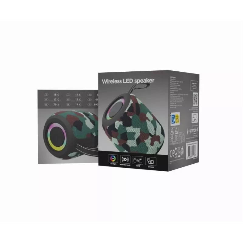 Gembird SPK-BT-LED-05-CM coluna Bluetooth portátil com LED, camuflado