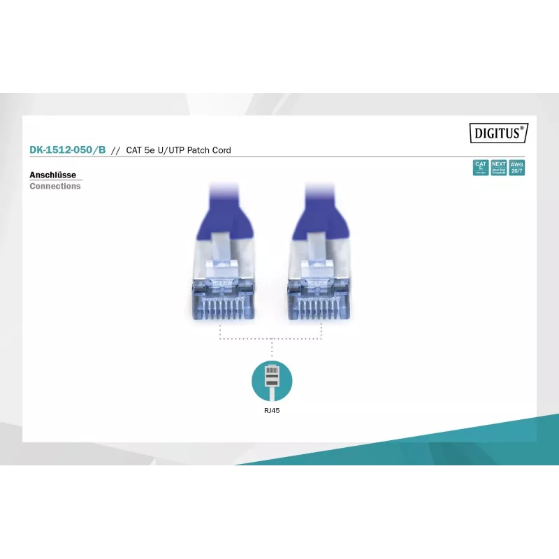 Cabo de rede patch DIGITUS Digitus CAT 5e U/UTP, 5 m, U/UTP, RJ-45 – azul