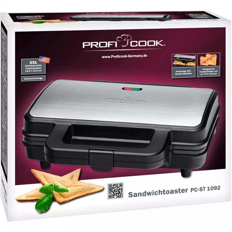 ProfiCook PC-ST 1092 - Máquina de sandes - 900 W - Aço inoxidável/preto
