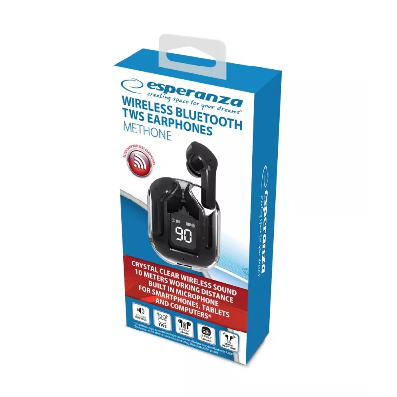 Auscultadores In-Ear sem fios ESPERANZA EH238K — Bluetooth 5.3, 2,4 GHz, alcance 10 m, bateria 230 mAh, controlo tátil, preto
