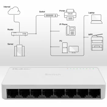 Switch de rede QOLTEC 52246 — 8 portas RJ45, 100 Mbps
