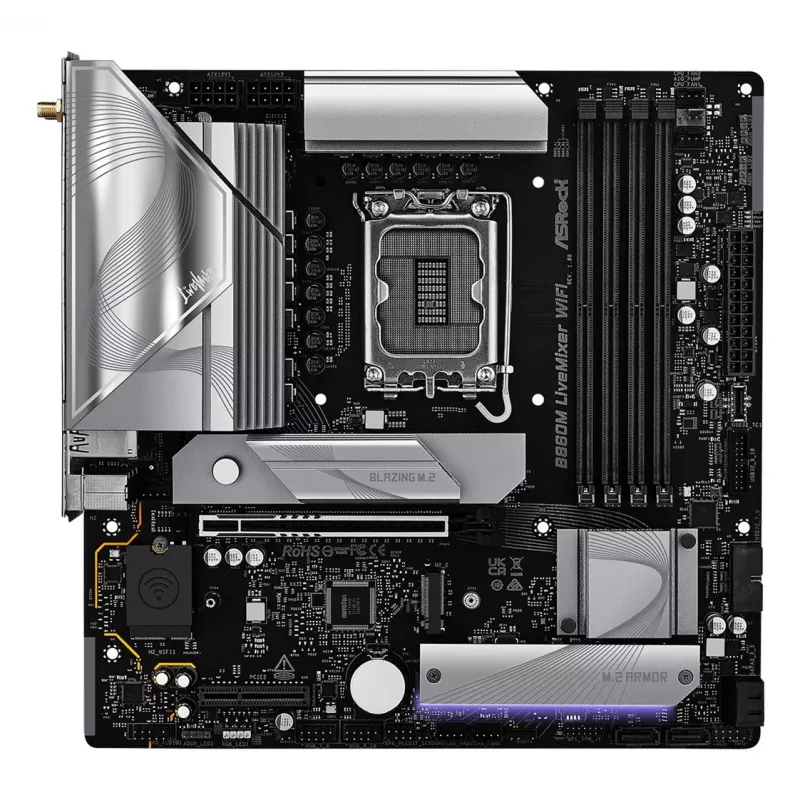 Placa-mãe ASRock B860M LiveMixer WiFi — Intel B860, LGA 1851, micro ATX, DDR5, 4x DIMM, Wi‑Fi 6E, 2.5Gb LAN