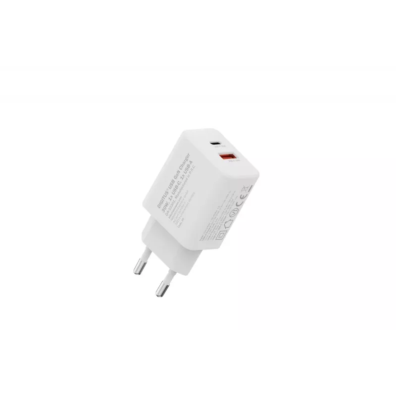 Carregador USB GaN de interior DIGITUS DA-10301 — 30W, 1× USB-C, 1× USB-A, 100–240V, branco