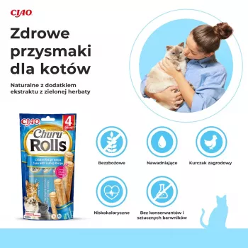 INABA Churu Rolls Receita de Frango Envolvido em Atum com Receita de Vieira - Petiscos para gatos - 4x10 g