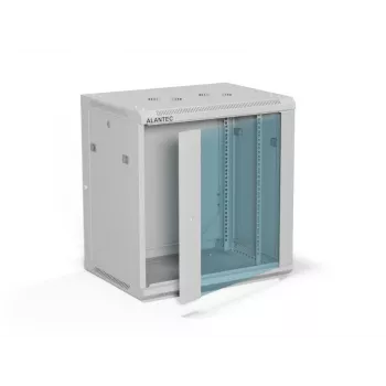 Armário de parede 19 polegadas Alantec 12U 600x450 mm, porta única de vidro, painéis traseiro e laterais completos removíveis, com fecho, 4 calhas de montagem, cinzento, embalagem plana