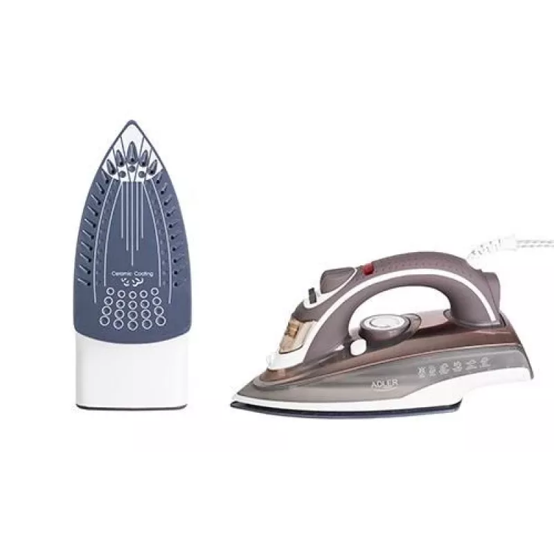 Adler AD 5030 ferro de engomar a vapor, 3000 W, base em cerâmica, depósito de água de 0,31 l, vapor contínuo de 20 g/min, vapor vertical, anticalcário, castanho