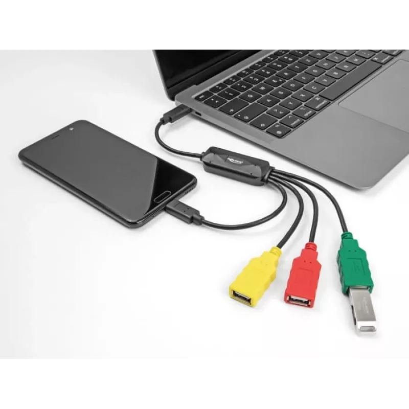 Hub de cabo USB 2.0 DeLOCK 4 portas USB Type-C para 3 x conector fêmea USB-A + 1 x macho USB-C