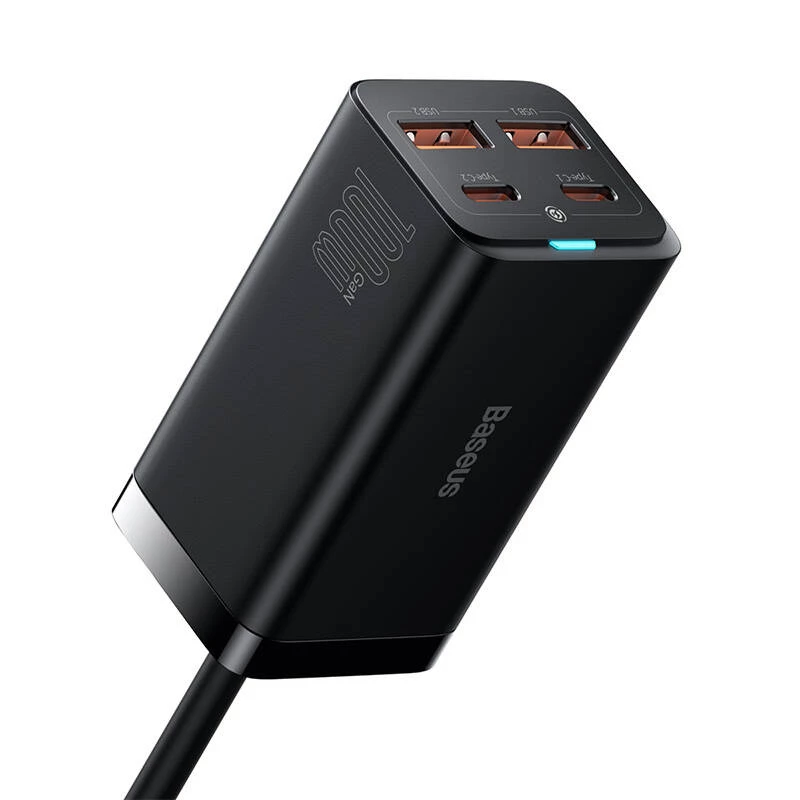 Baseus GaN3 Pro CCGP000101 carregador de secretária 100 W, 2x USB-C + 2x USB-A, PD 3.0, QC 4.0+, cabo de 1,5 m, preto