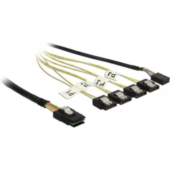 Cabo interno Mini-SAS para 4×SATA DELOCK 1 m — Mini-SAS SFF-8087 para 4×SATA 7-Pin, Preto/Prateado/Amarelo
