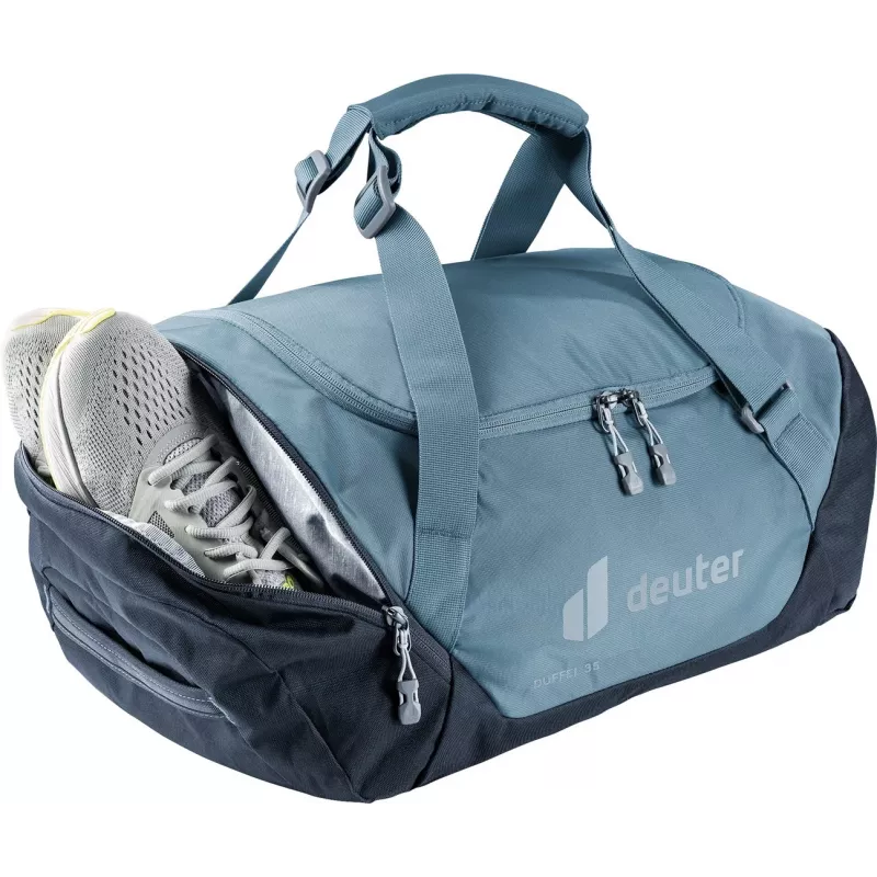 Mala de viagem DEUTER Duffel 35 atlantic-ink — capacidade 35 L, fundo impermeável, pegas de transporte