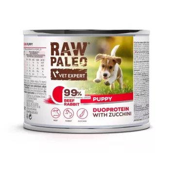 Comida húmida para cães VETEXPERT RAW PALEO Duoprotein vaca e coelho cachorro 200 g, 82,1 % de humidade, 9,8 % de proteína, para cães jovens