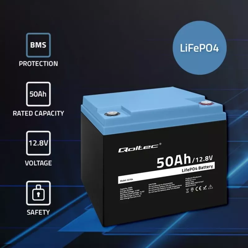 Bateria LiFePO4 QOLTEC 12,8 V 50 Ah (modelo 53704) para backup e armazenamento de energia