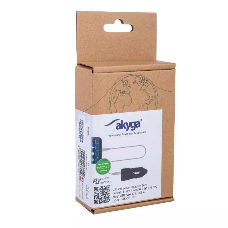 Carregador de automóvel 12/24V Akyga AK-CH-16 36W USB-A + USB-C PD Quick Charge 3.0 5-12V / 1,5-3A preto