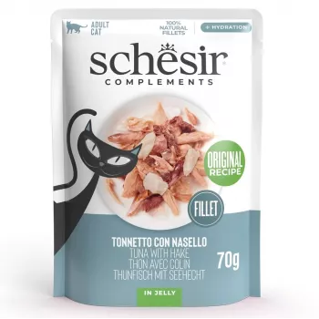 Alimento húmido para gatos Agras Pet Foods SCHESIR Atum com Pescada em Gelatina, 70 g, sem cereais, sem soja e sem glúten
